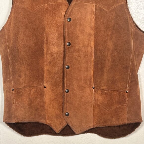 Mens Pioneer Wear Suede Leather Western Vest Size 46 Brown Snap Front Pockets - Picture 4 of 16